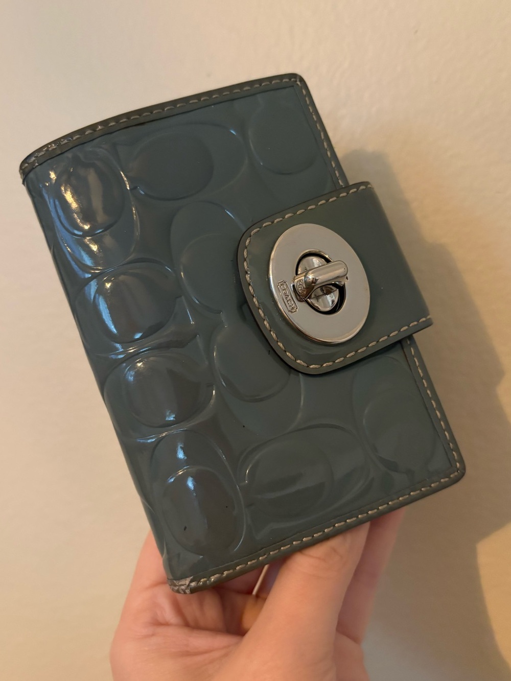 Coach Patent Leather Signature C Embossed Turnlock Bi-Fold Wallet in Teal